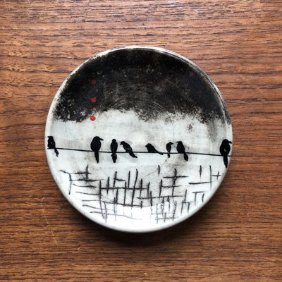Plate with an illustration of birds perched on a wire